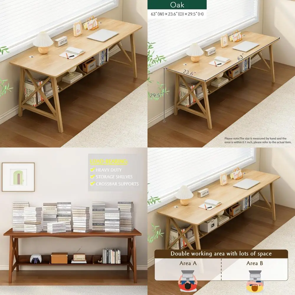 

Деревянный стол на двух человек со встроенной книжной полкой для домашнего офиса и учебы, с полкой для хранения