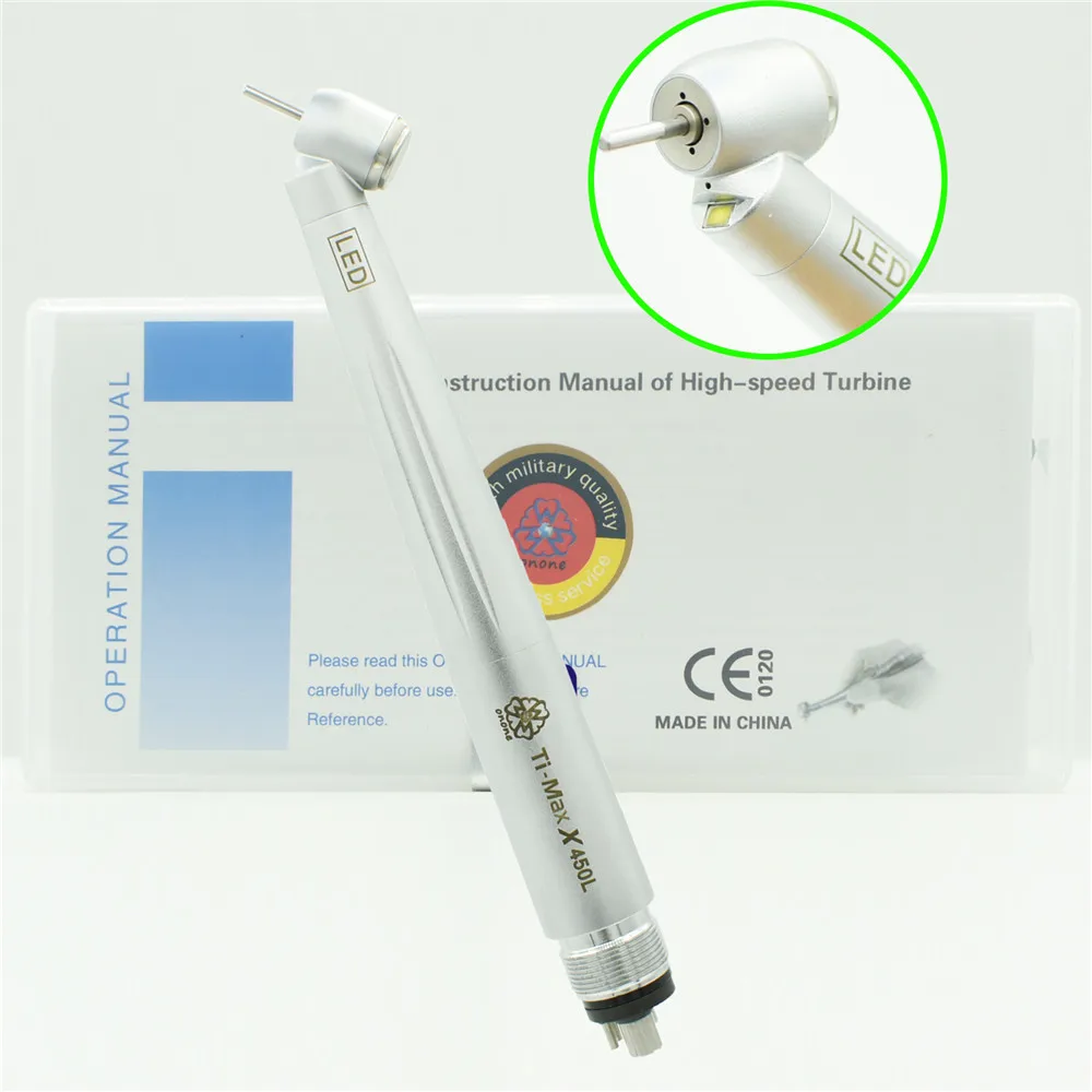 Dental 45 Degree Fiber Optic High Speed Handpiece 4 Hole Push Button Single Water Spray E-generator LED turbine