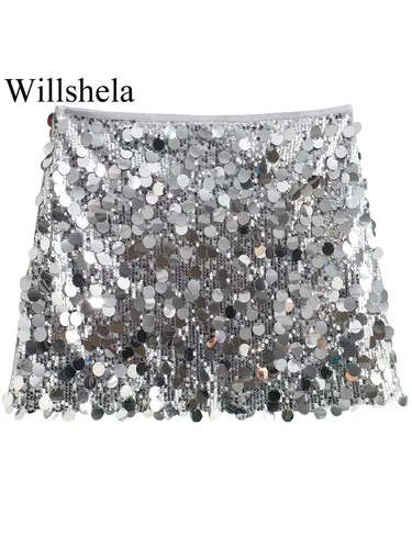 Imagen 2 del producto Willshela, moda para mujer con lentejuelas, minifalda lisa con cremallera lateral, faldas elegantes Vintage de cintura alta para mujer