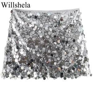 Willshela-Mini saia de lantejoulas de cintura alta feminina, monocromática, zíper lateral, vintage, chique, senhora, moda feminina 6 principais vendas saia com brilhantes - №4