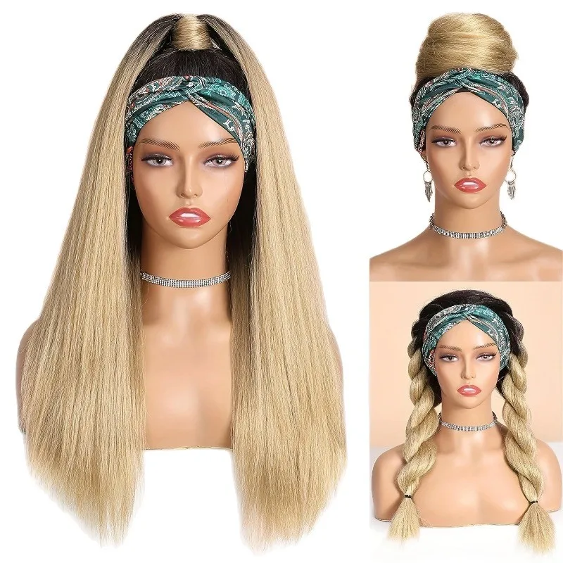 Printed headscarf one-piece wig with fluffy texture, retro ethnic style design, straight hair style