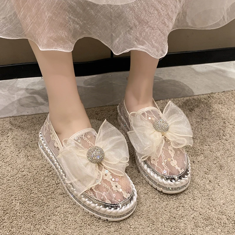 LazySeal Platform Diamonds Butterfly Knot Women Flats Bling Woman Rhinestone Ladies Casual Mesh Chunk Sole Slip-on Shoes Size 43