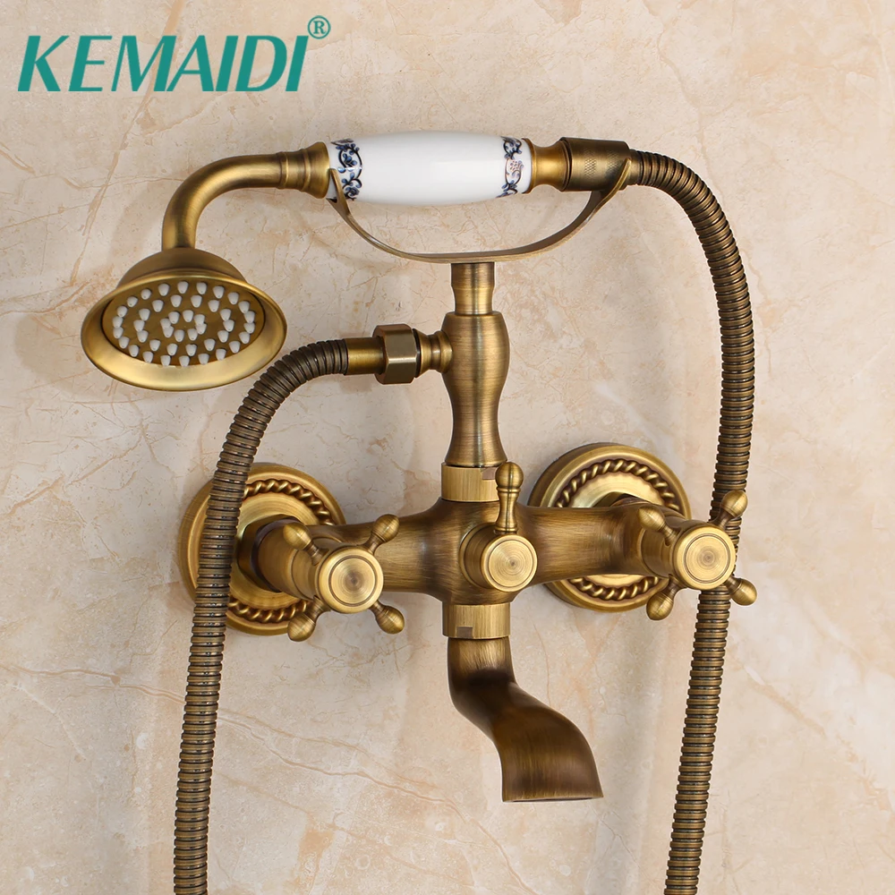 

KEMAIDI Wall Mount Bathtub Faucet with Hand Shower Sprayer Bathroom Tub Faucet Double Cross Handle Handheld Sprayer Shower Set