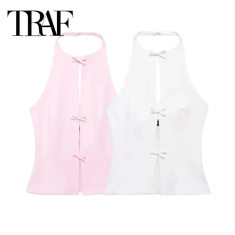 TRAF 2024 Off Shoulder Halter Top Female Pink White Crop Top Women Bow Cut Out Sleeveless Backless Top Woman Sexy Summer Tops