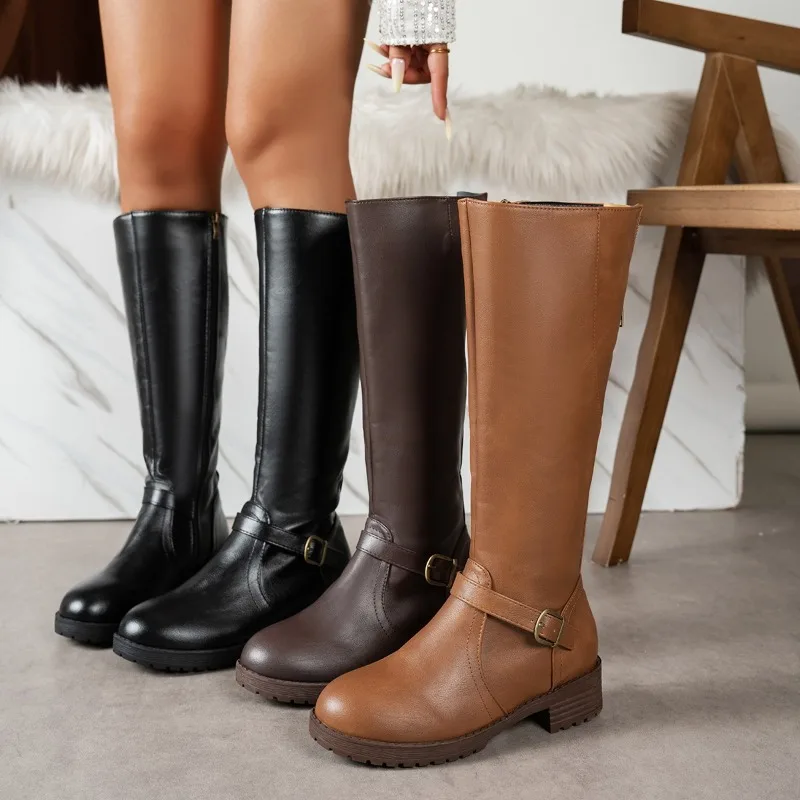 

High Boots Autumn Winter Autumn Winter New Round Toe Side Zipper Non-slip Wear-resistant Block Heel Leather Shoes