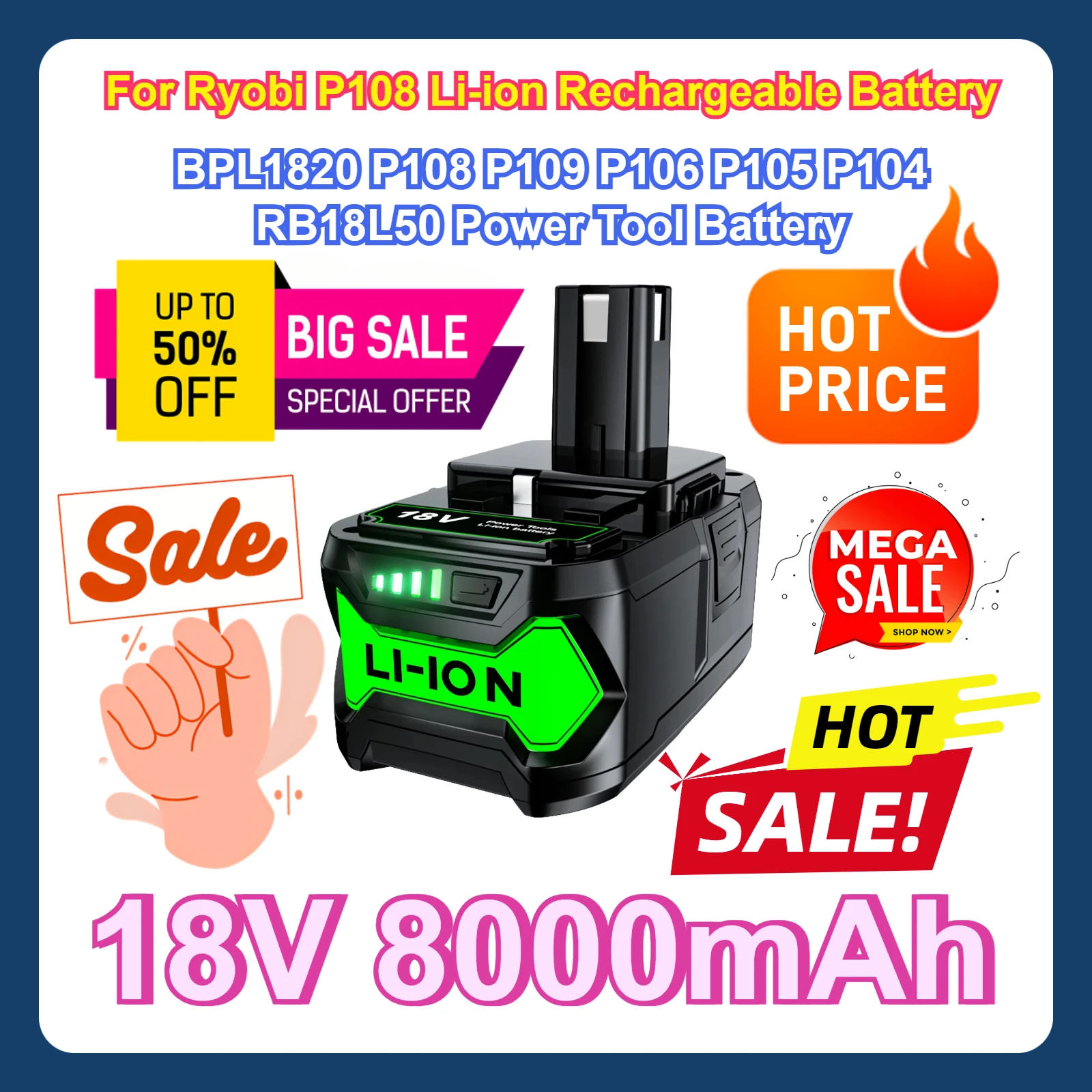 

For Ryobi P108 Li-ion Rechargeable Battery BPL1820 P108 P109 P106 P105 P104 RB18L50 Power Tool Battery 18V 8000mAh Battery