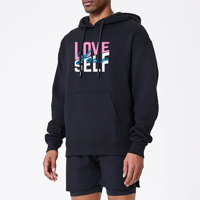 Love Youself Print Men's Hoodie Y2K Sweatshirt for Men's Outdoor Sport Casual Sweater Solid Hooded Pullovers Tops