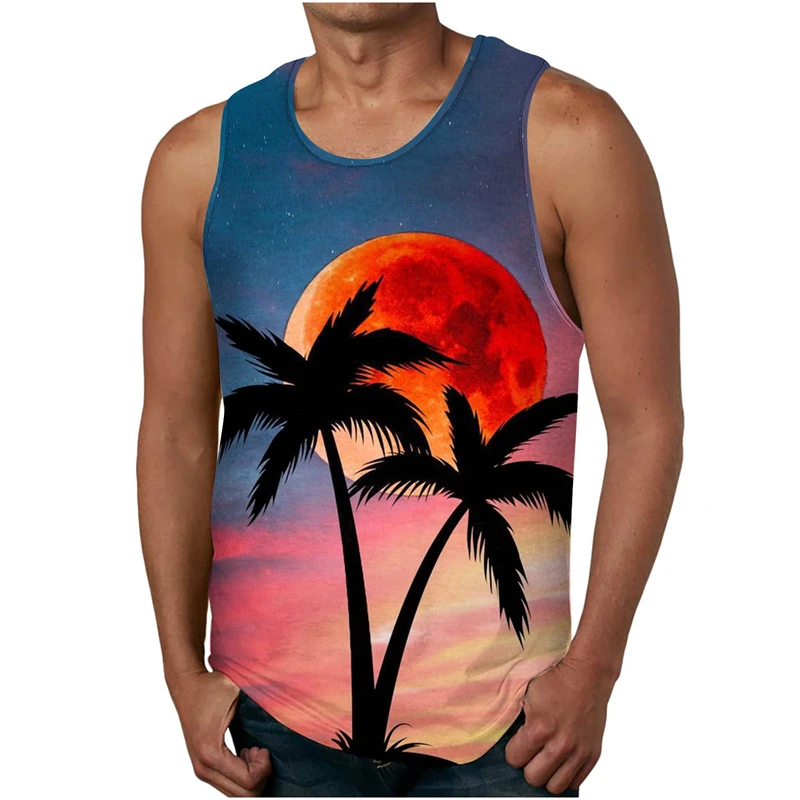 Palm Tree Graphic Tank Top For Men 3D Print Sleeveless Beach Hemp Palm Pattern Tops Paint Vest Hawaii Colorful Pigment T-shirt