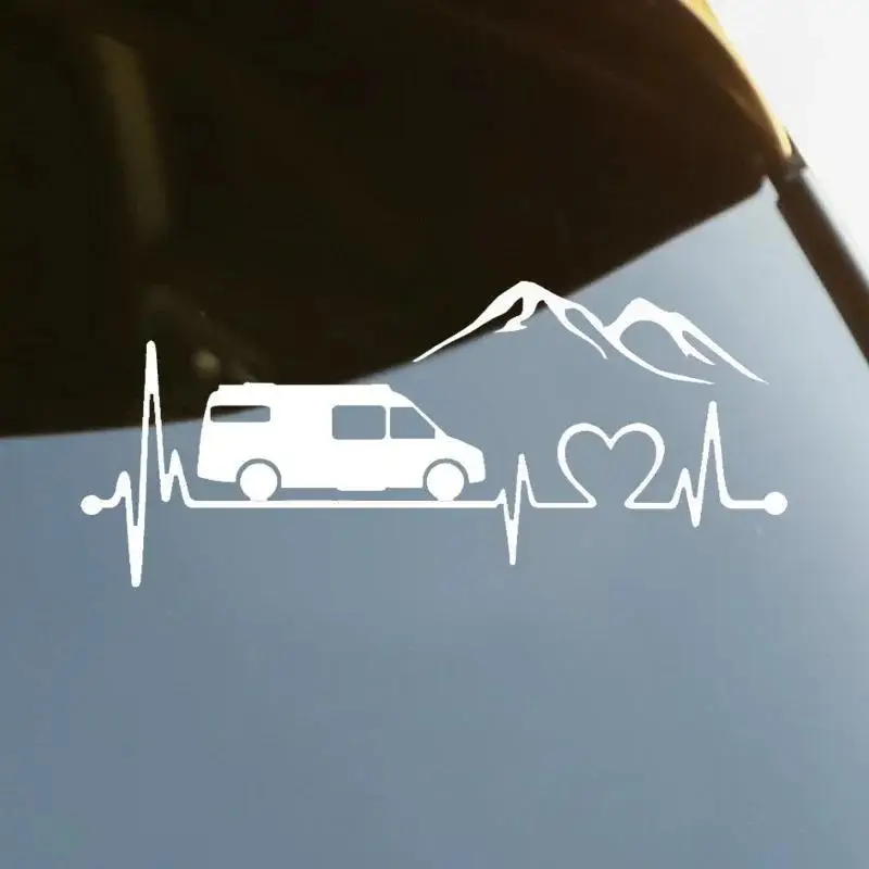 1Pc Camper Van Heartbeat Mountain Vinyl Sticker, Waterproof Decal for Car Bumper Rear Window Laptop, Holiday Gift