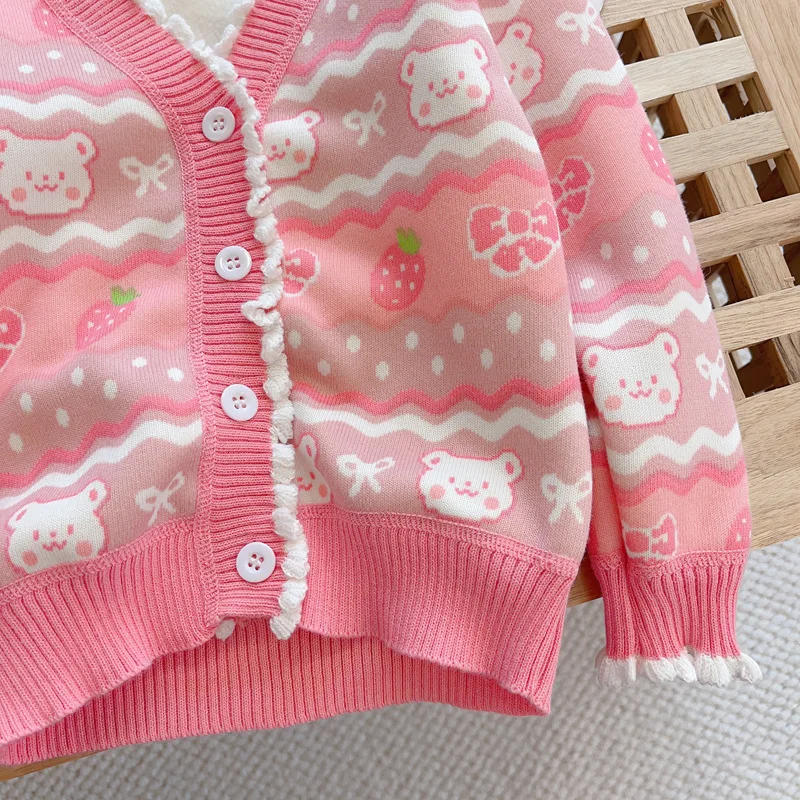 Maglioni a maniche lunghe per ragazze in stile coreano cartone animato spesso caldo Maglieria per bambini Fodera per bambina Cappotto cardigan in