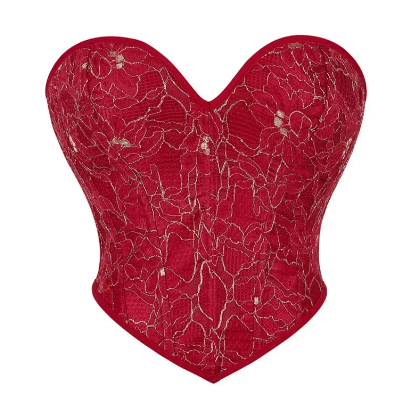 

Fashion Red Corset Crop Top Women Brocade Overbust Bustiers Lace Up Plastic Boned Body Shaper Short Torso Sexy Corselet