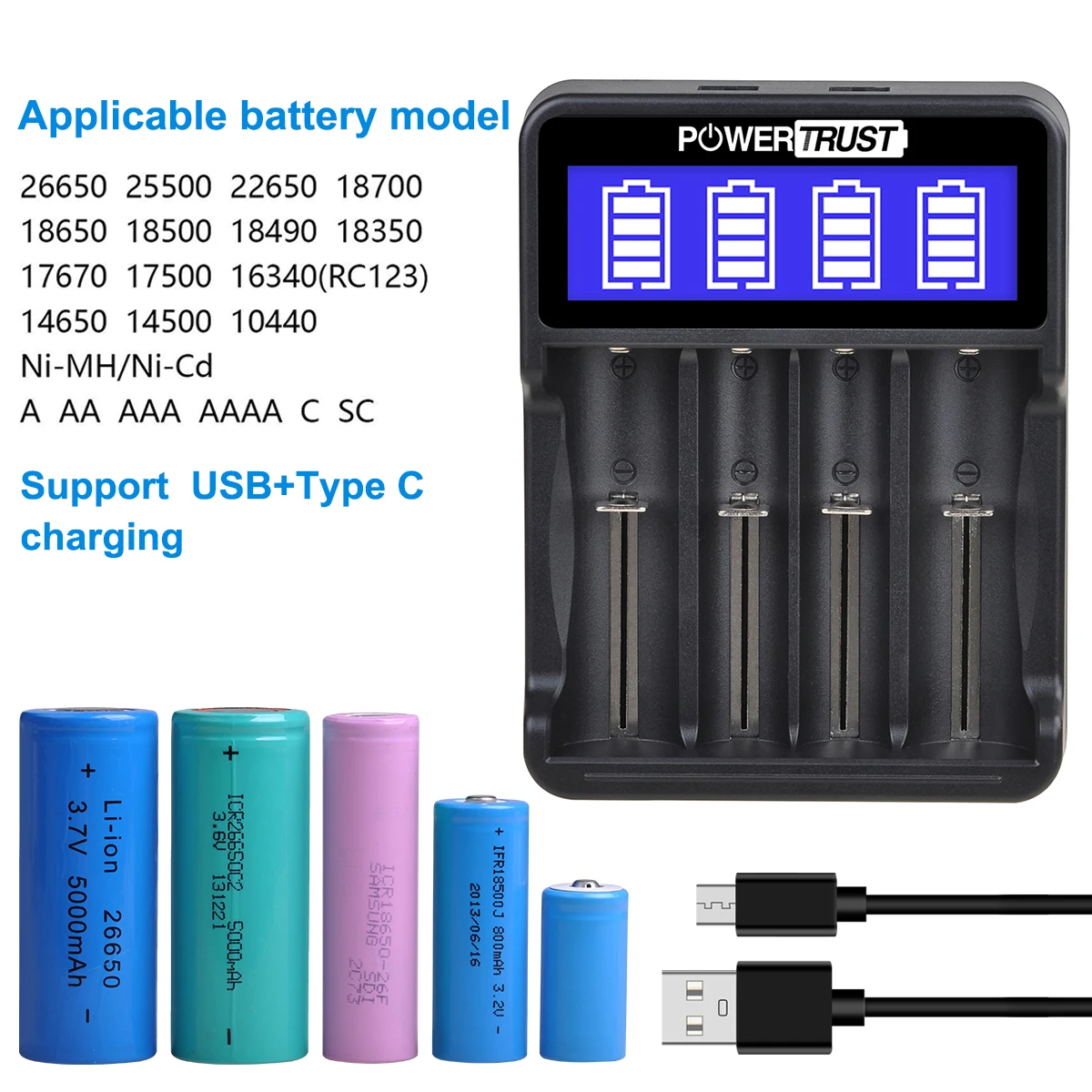 4 Slots Smart Battery Charger for 26650 25500 22650 18700 18650 18500 18490 18350 17670 17500 16340 14650 Battery USB + Type-C