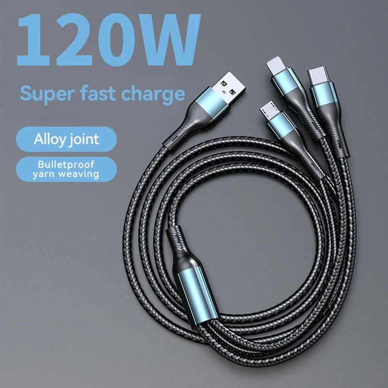 120W 5A 3 In 1 USB Fast Charging Cable  Type C Micro USB Cable Data Cord For Realme Samsung Huawei P50 Phone USB Charging Cable