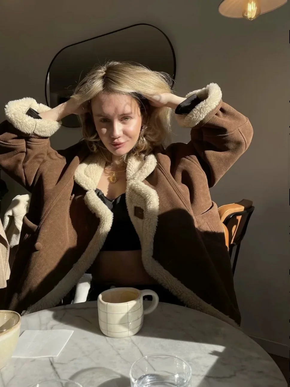 Thiened スエード バイカー ジャケット ラムファー襟 ヴィンテージ スタイル 冬用アウター ストリートファッション コート レディース プレミアム衣料