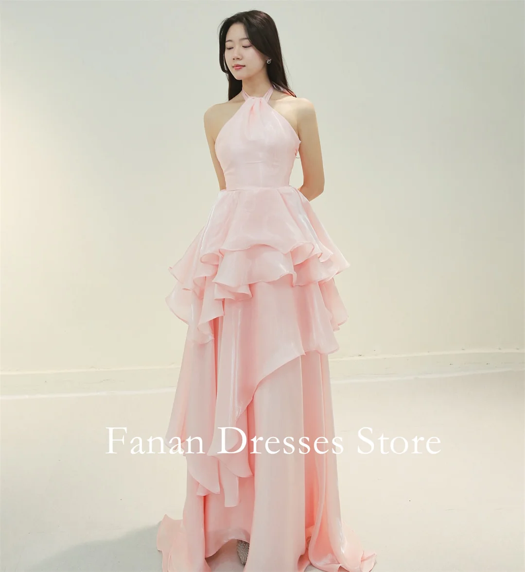FANAN Abiti da festa da sera a trapezio in organza con scollo all'americana Corea Abiti da sposa rosa a strati Abiti da ballo per eventi personalizzati