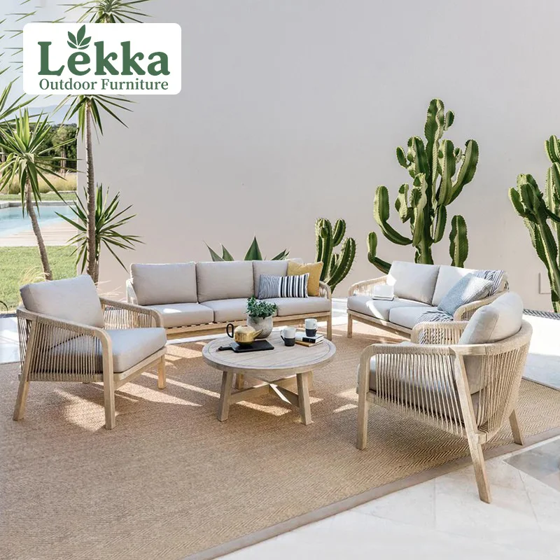 

Custom Nordic Outdoor Teak Sofa Hotel Villa Balcony Sofa Coffee Table Homestay Outdoor Garden Rattan Furniture