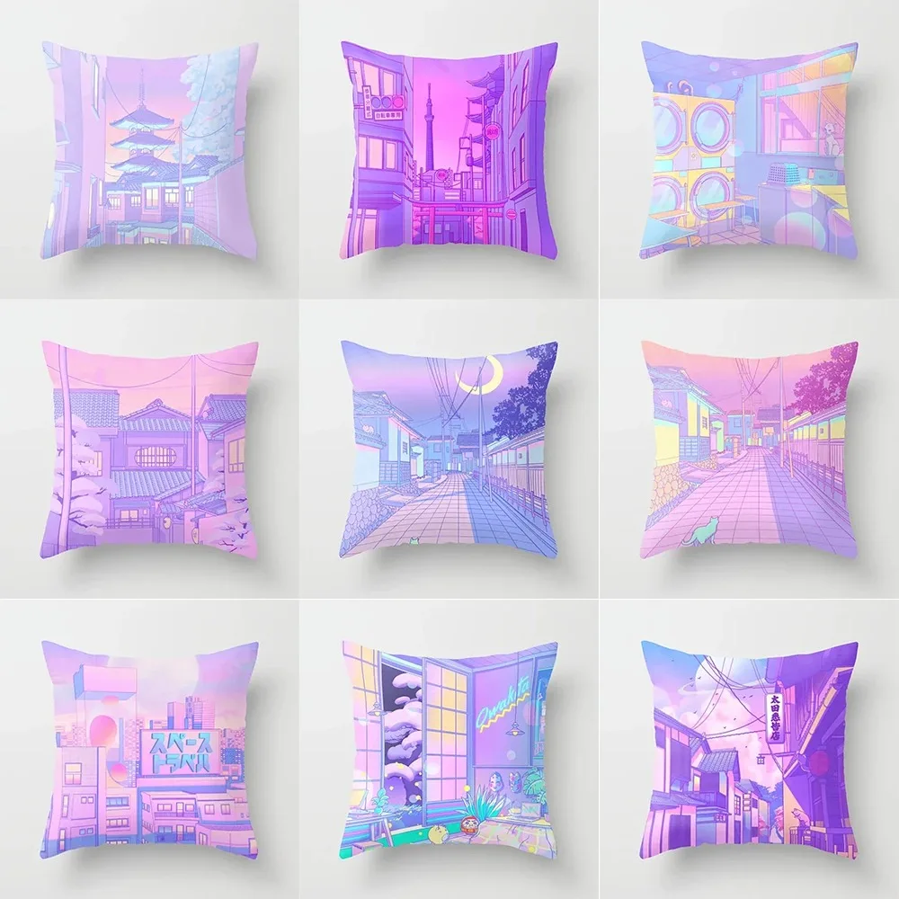 Pink Cartoon City Print Pillowcase Car Ornaments Office Living Room Home Pillowcase