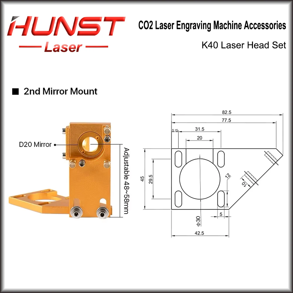 HUNST K Series CO2 مجموعة رأس الليزر Dia12 / 20mm FL:50.8mm عدسة ذهبية اللون لآلة قطع النقش بالليزر 2030 4060 K40