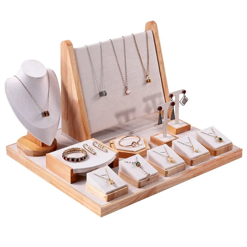 

Solid Wood Jewelry Display Stand Set Props Ring Plate Necklace Display Stand Necklace Display Tray