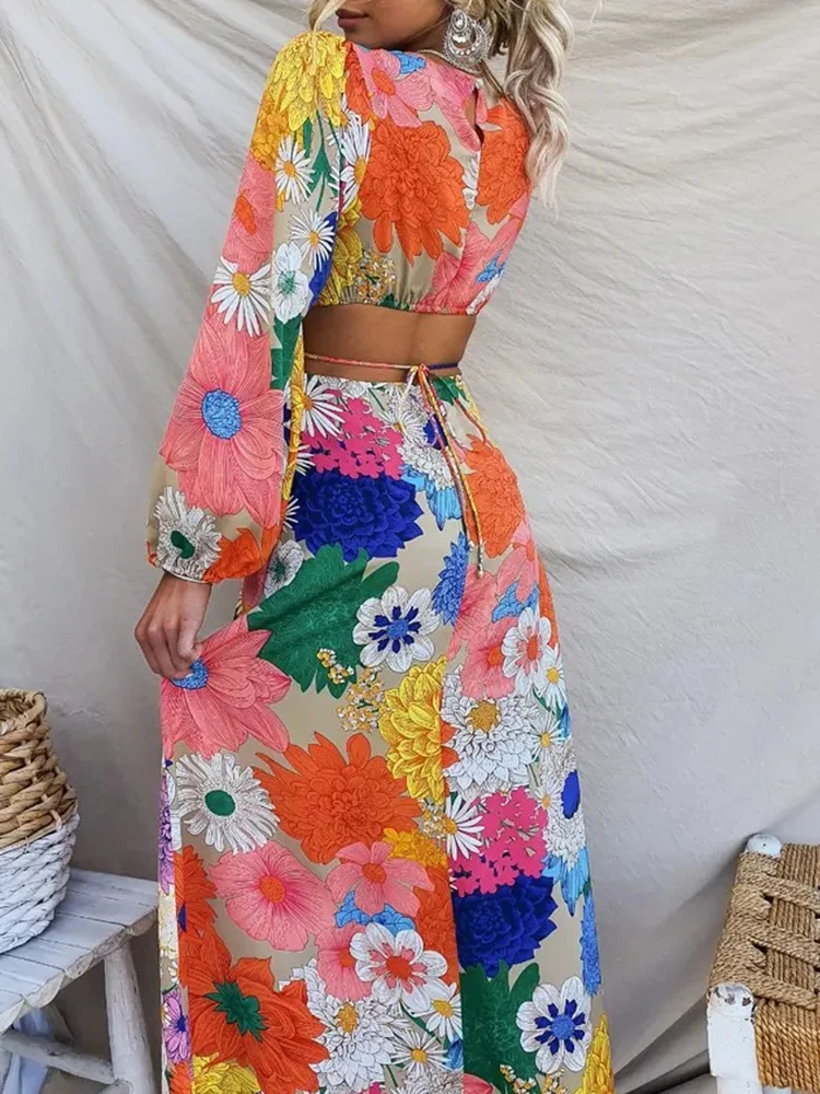 Floral Print Lantern Long Sleeve Cutout Waist Casual Maxi Dress Women