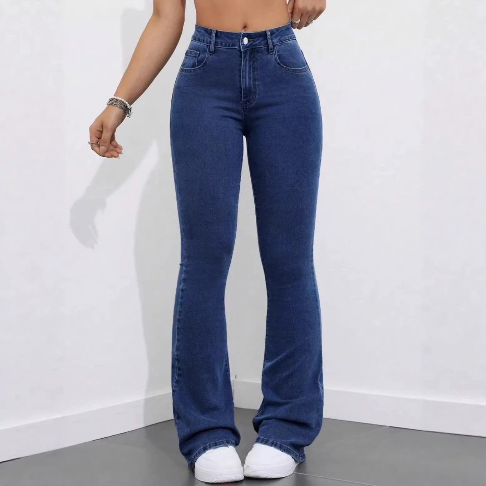 Dark Blue High-Waisted Flare Jeans with High Elasticity, Slim-Fit Cut to Accentuate a Slender Figure and Elongate the Silhouette