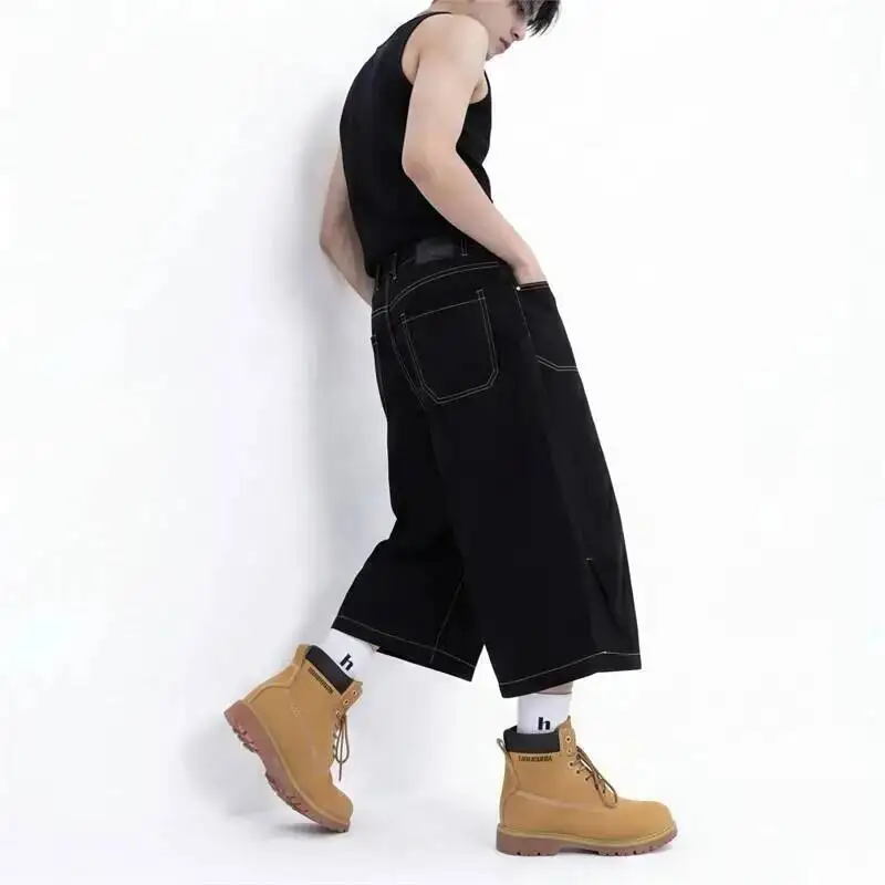 American Style Black Men's Denim Shorts Summer Trendy Simple Vintage Loose Fit Workwear Wide Leg Jeans Summer Pants H17F