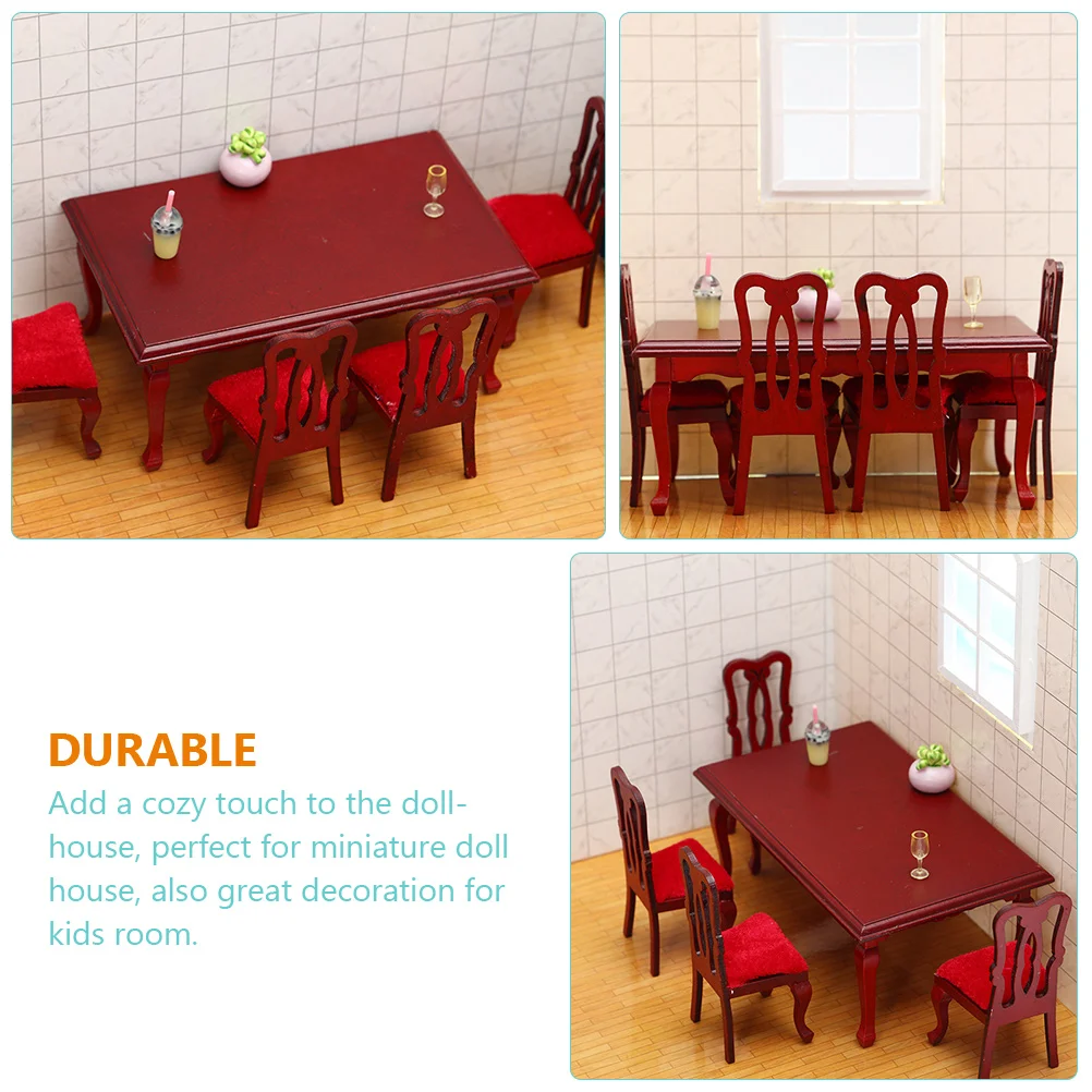 Mini conjunto de cadeiras de jantar de madeira, móveis para casa de bonecas, mesa de brinquedo, decorações vermelhas para crianças, acessórios de cozinha em miniatura para sala de jogos