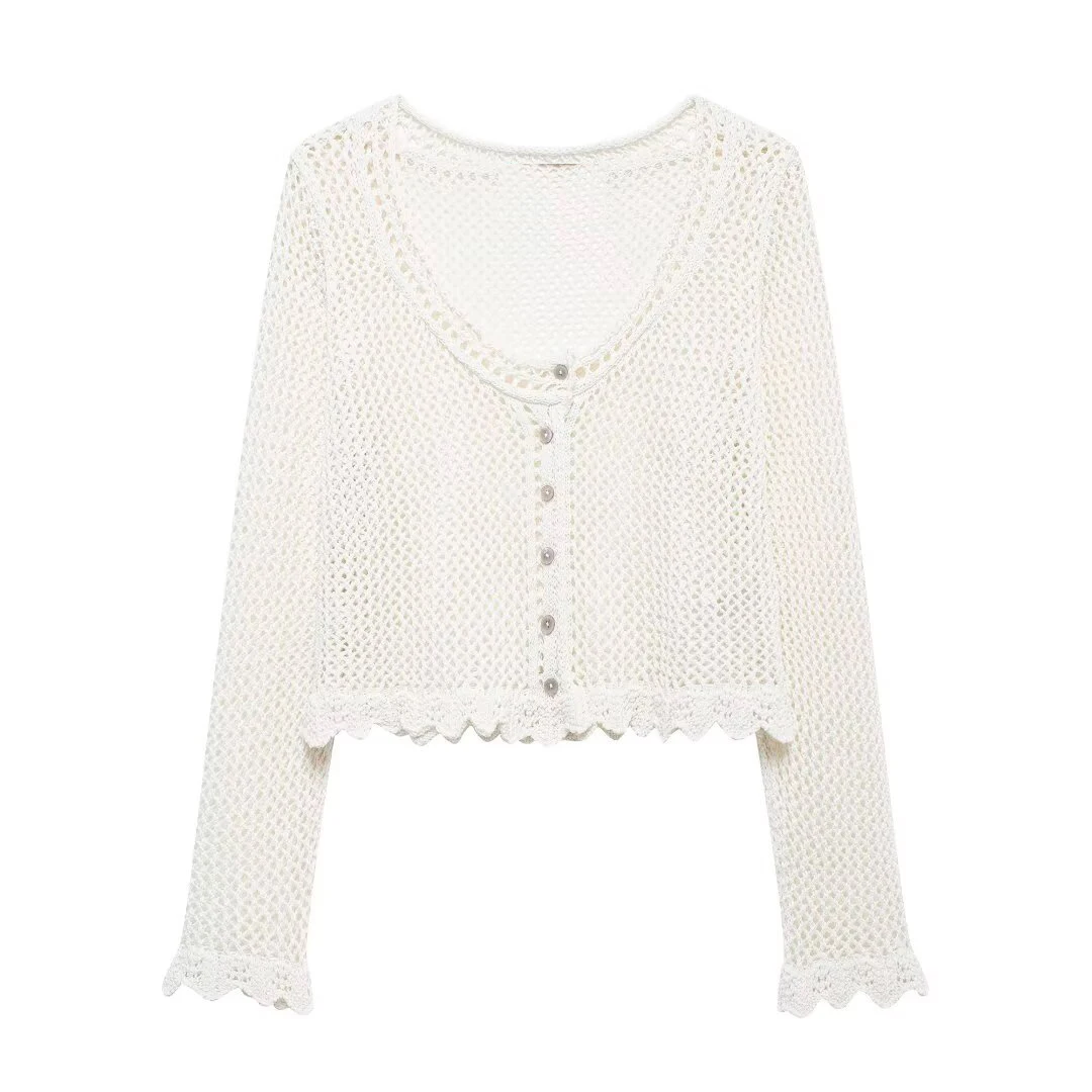 Tangada 2024 Women Hollow Crop Cardigan Sweaters Buttons Long Sleeve Female Jumper 3H0799