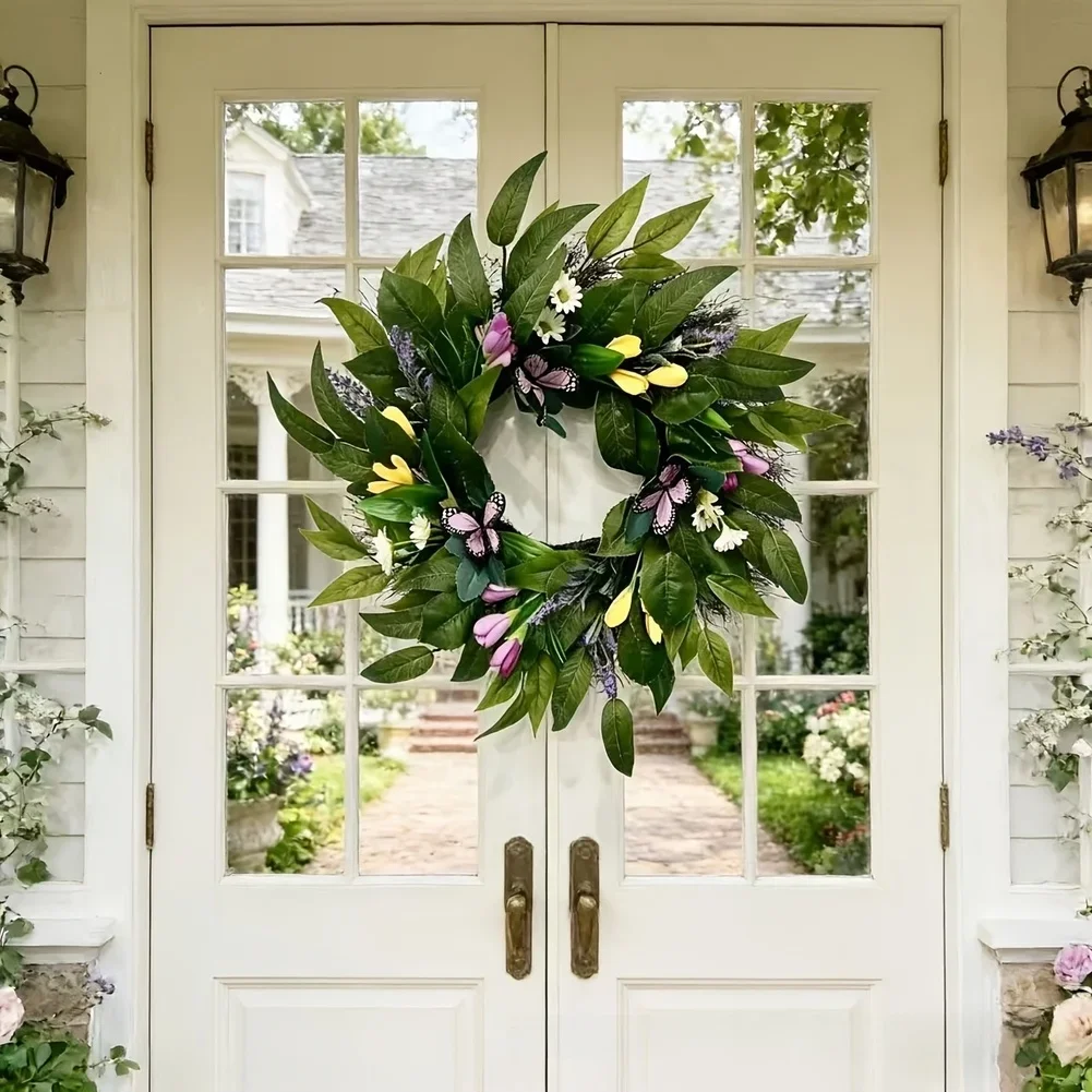 

50CM Seasonal Floral Wreath with Butterfly Elements for Garden Courtyard Farmhouse Door Decoration Outdoor Hanging Decoration