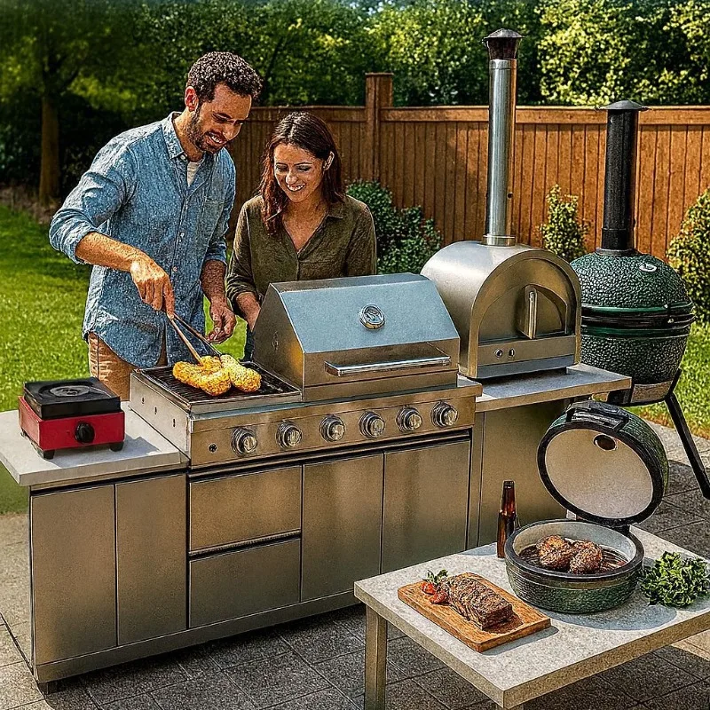 2026 Durable waterproof camping integrated barbecue outdoor kitchen stainless steel with sink and grill and eg g stove