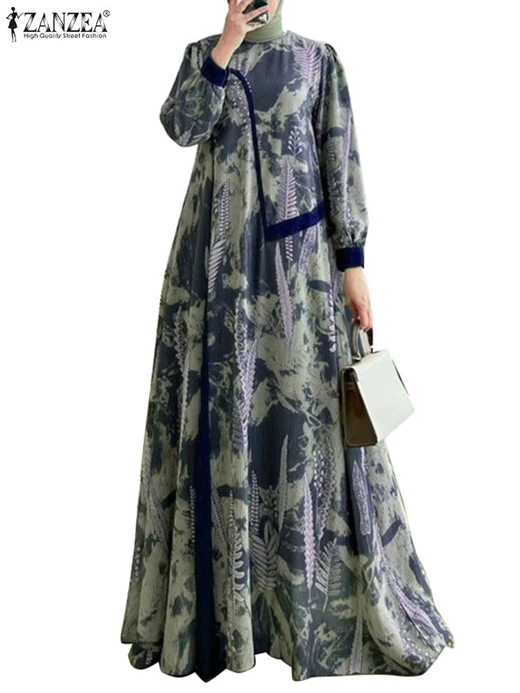 ZANZEA Women Elegant Leaves Printing Maxi Dress Vintage Lantern Sleeve O Neck Casual Loose Kaftan Vestido Muslim Abaya Long Robe