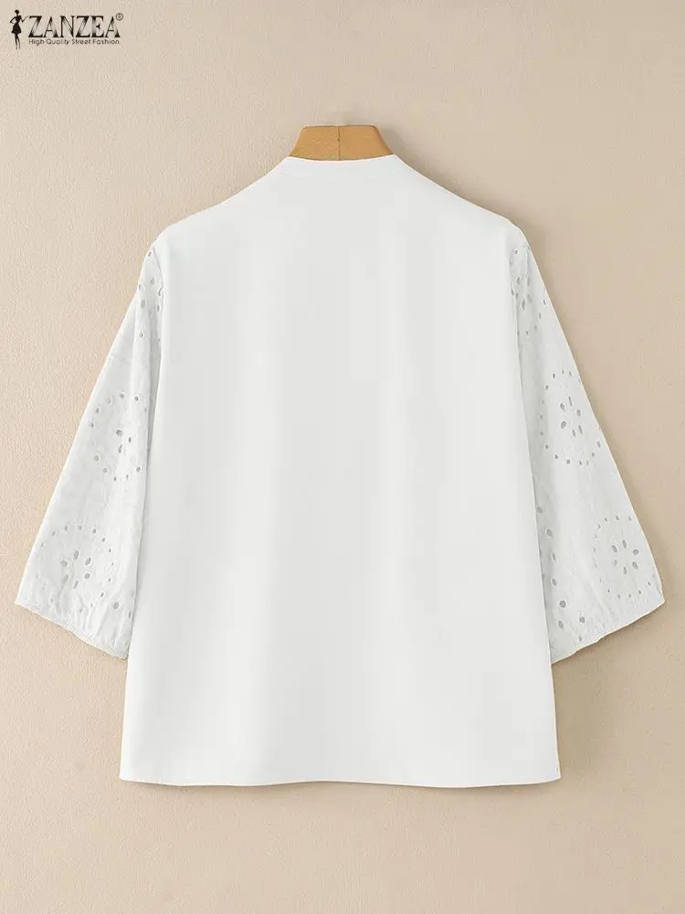 ZANZEA Women Shirt Stylish Hollow Out Embroidered Blouse Autumn Elegant V Neck 3/4 Sleeve Tops Patchwork Work Blusas Mujer Femme