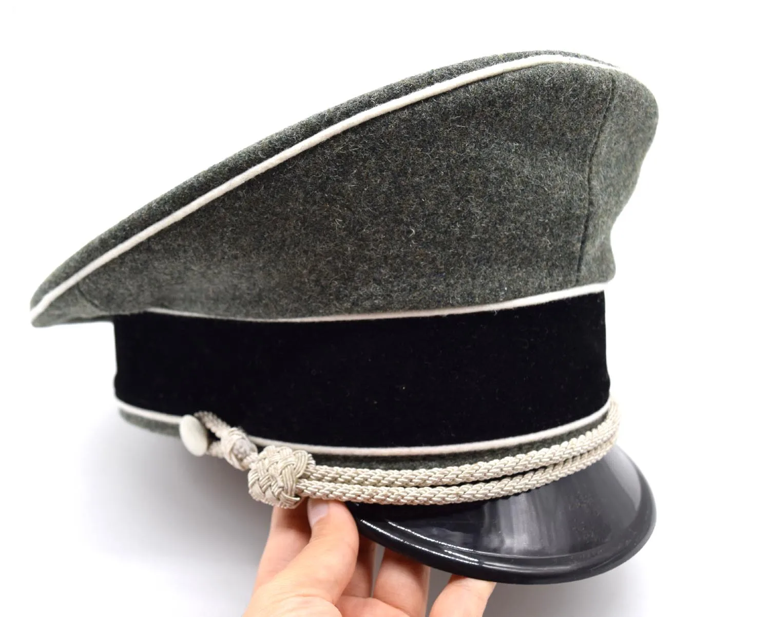 German Cosplay Elite Officer Wool Hat Cap Sweat Ring Made Leather W Silver Chin Cord Reenactment