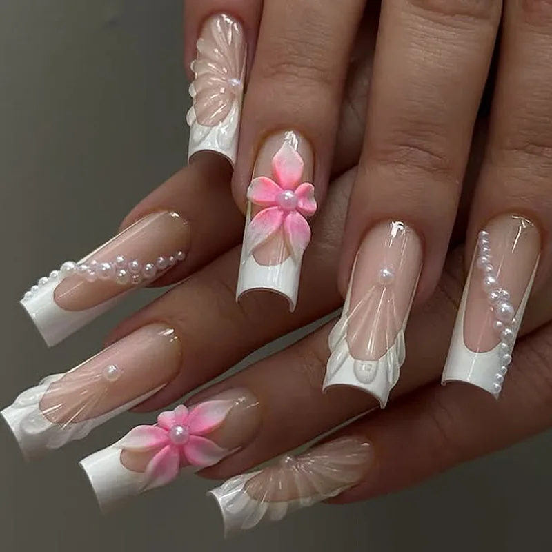 24 uñas cuadradas medianas con pegamento, flores rosas, cubierta completa, francesas acrílicas 2