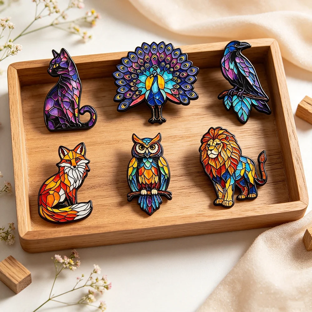 6pcs Vibrant Stained Glass Wildlife Enamel Lapel Pins Set Colorful Animal Metal Brooch Badge Collection Featuring Fox Lion Owl