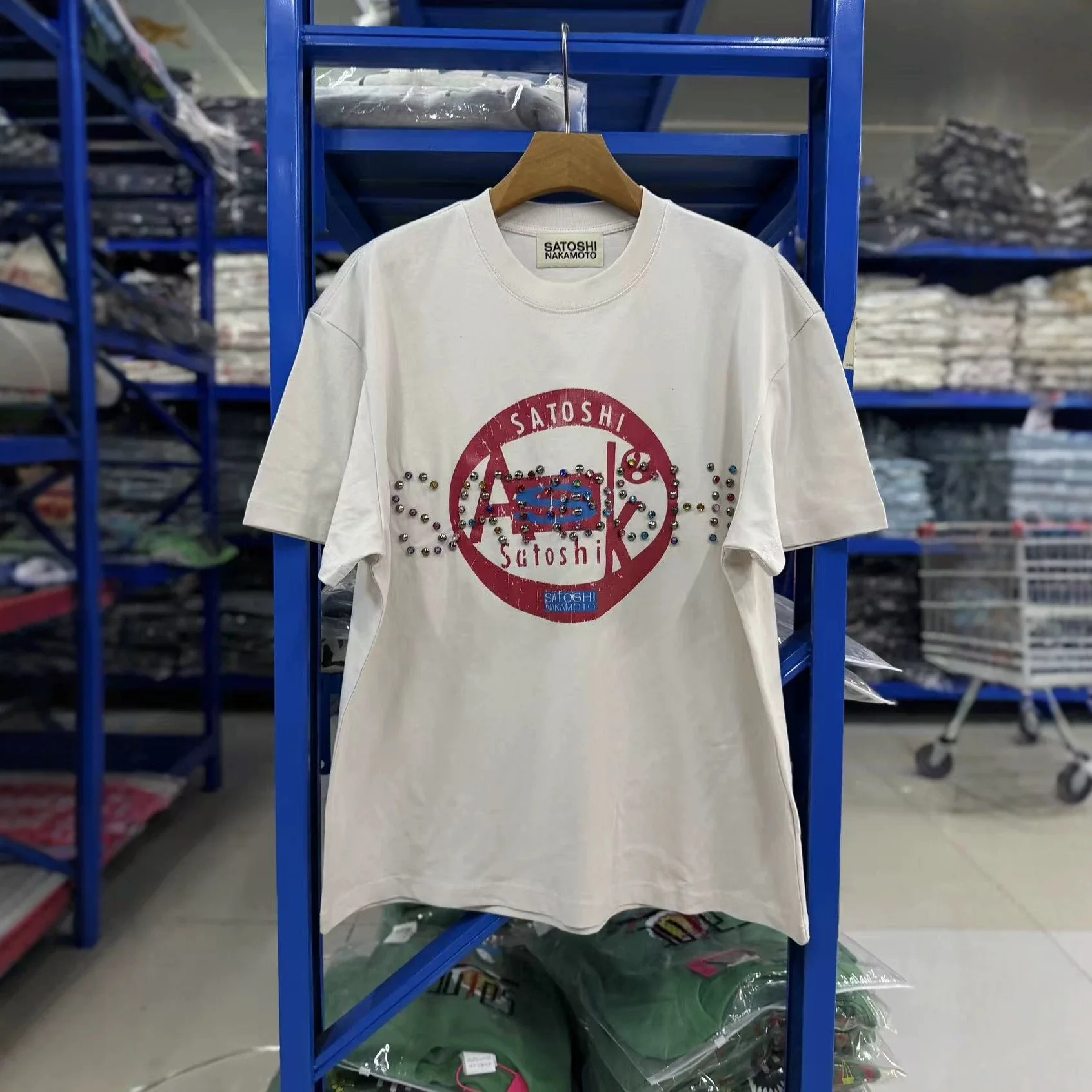 Satoshi Nakamoto Classic Summer Retro Letterprint Washed and Weathered Stained and Cracked Loose-Sleeved T-Shirt