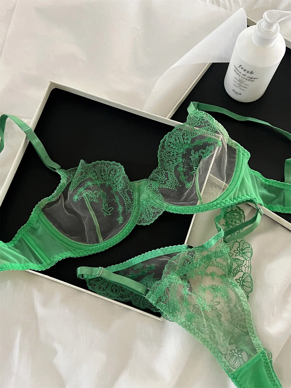 Anello in acciaio romantico verde push up lingerie pizzo sexy trasparente triangolo coppa set reggiseno intimo reggiseni