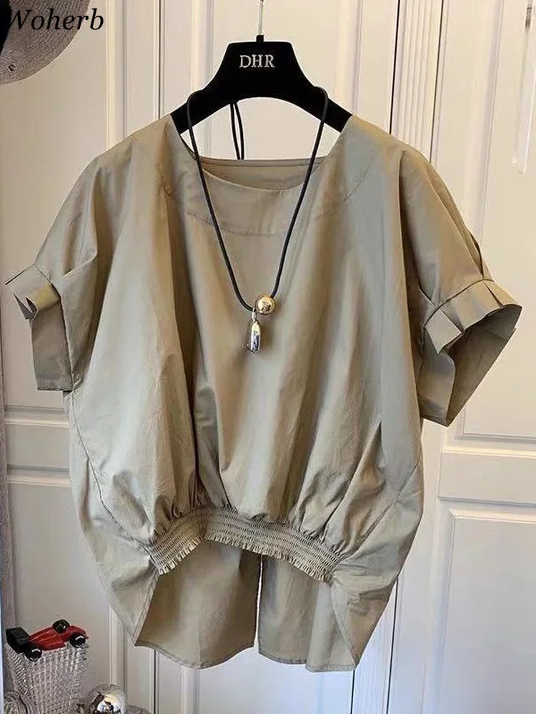 Woherb Cotton Asymmetrical Crop Blouse Women Korean Pleated Bow Bandage Shirt Casual O-neck Solid Elegant Blusas Mujer Moda 2025