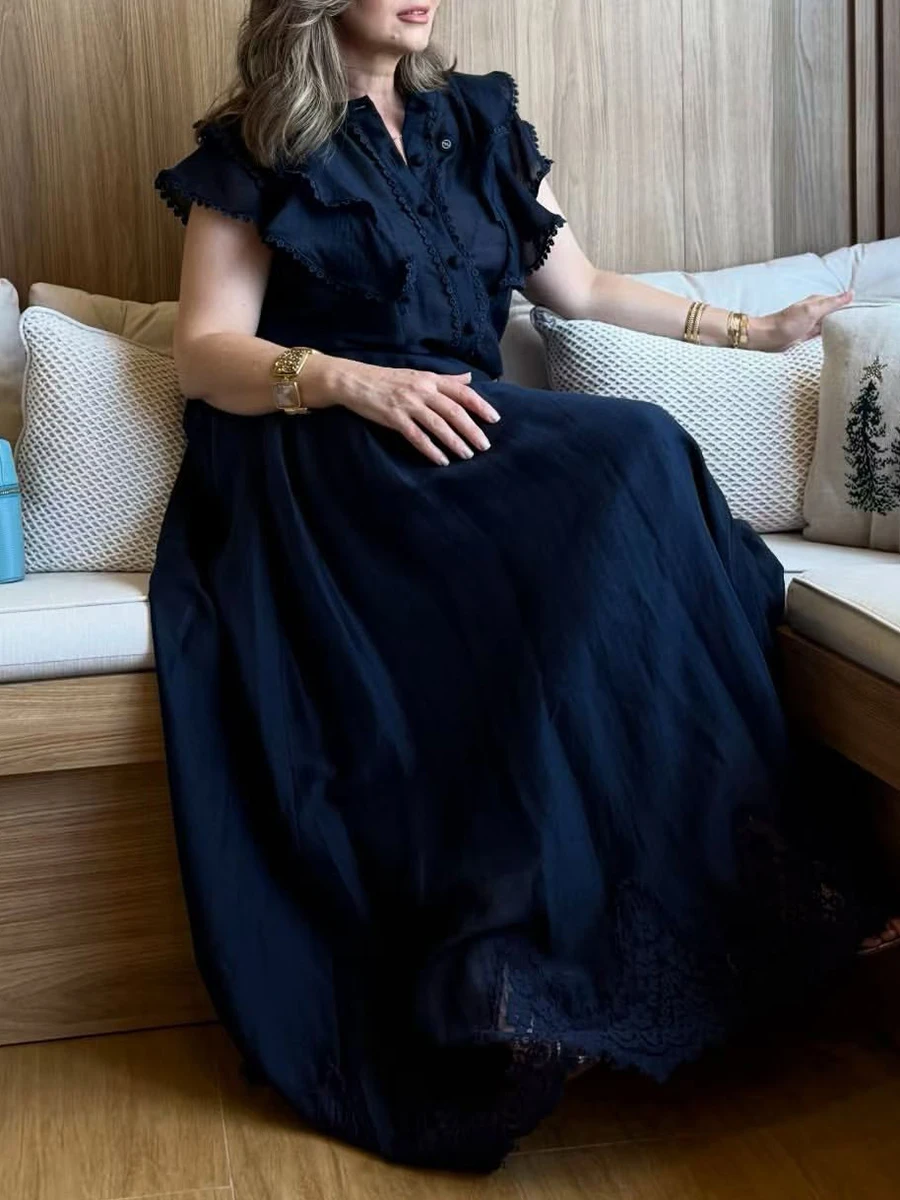 VGH Solid Two Piece Set for Women Stand Collar Short Sleeve Top High Waist Patchwork Irregular Lace Hem Skirt Casual Suit Female