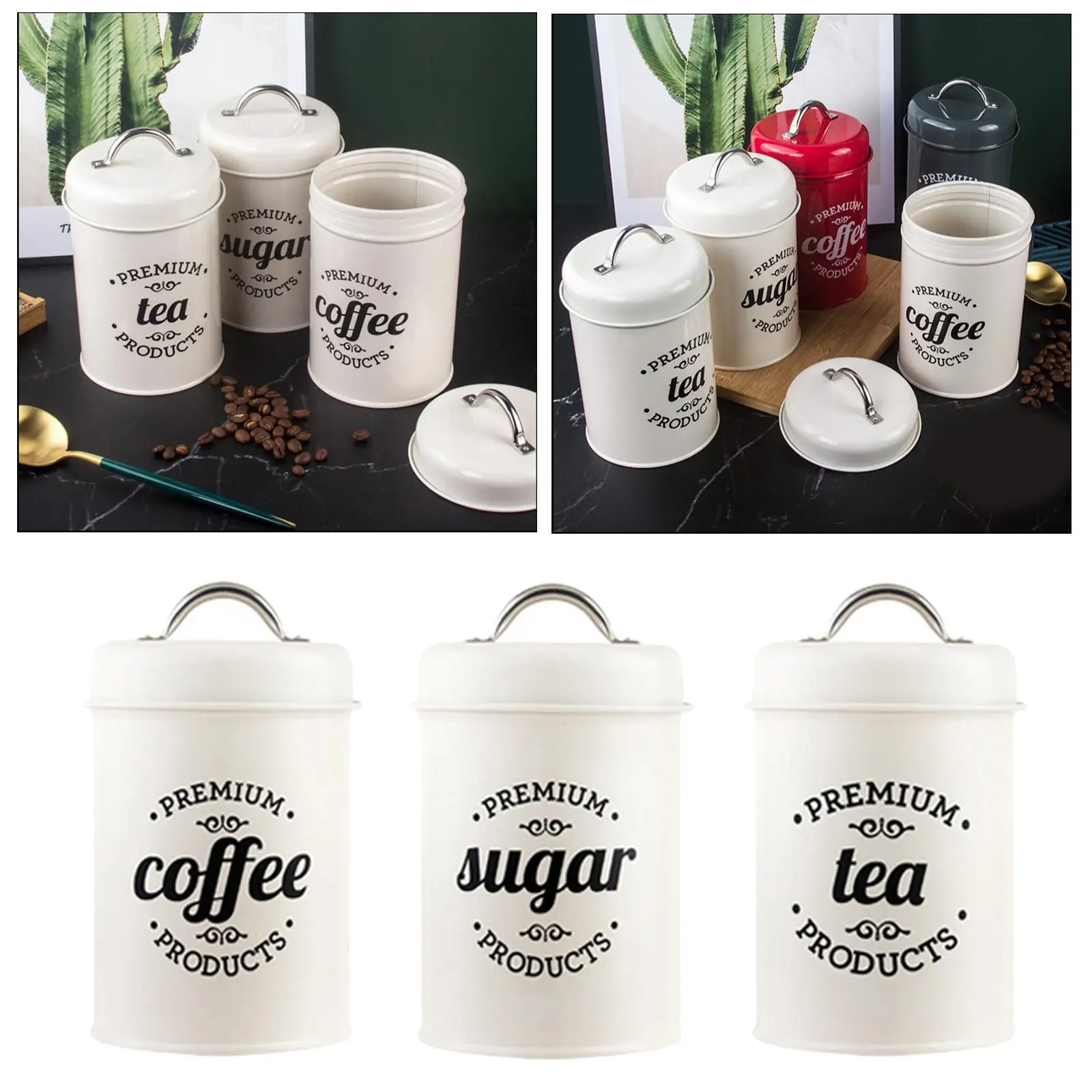 Metal Kitchen Canister Set Coffee Tea Sugar Jars Food Storage Tins 10.5x18cm