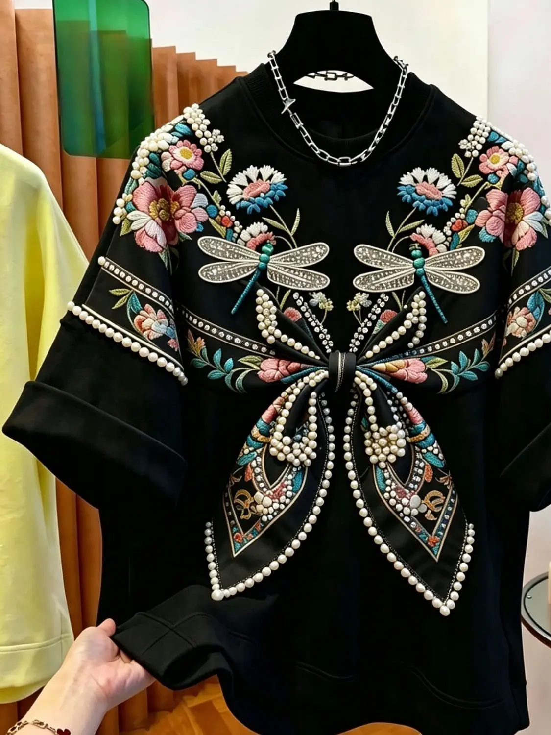 BLack Embroidered Bead Short Sleeve T-shirt Men and Women Tshirt Fashionable Summer Extra Large 300 Jin Versatile Tshirt Top