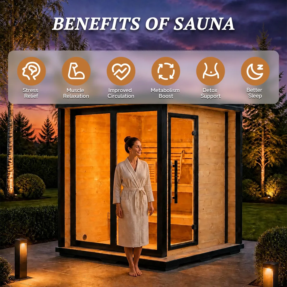 Yacht Marina Terrace Luxury Outdoor Sauna Thermo Pine Rectangular Panoramic Glass Flat Roof Smart WiFi DDP Ready