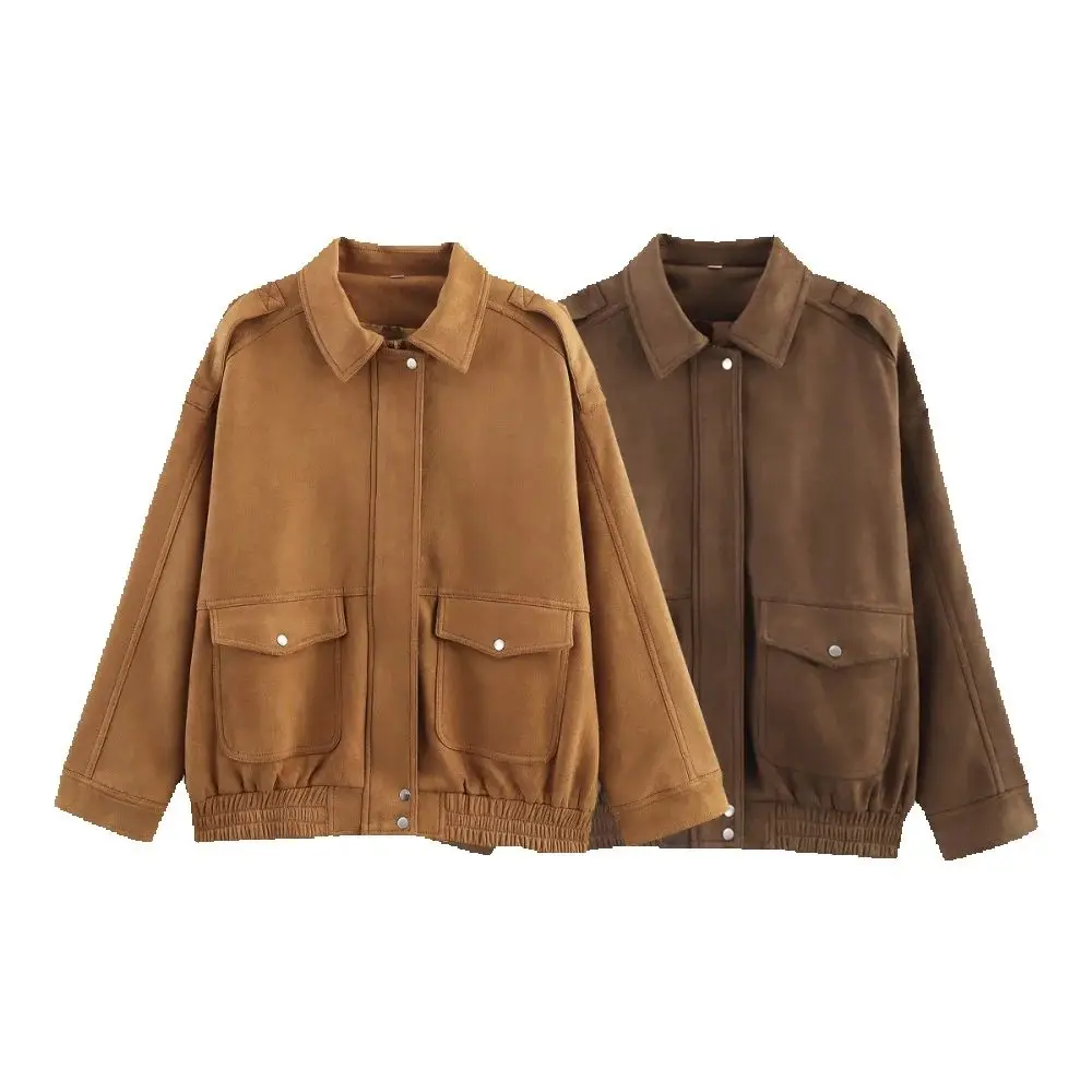 

Women's Suede Texture Loose Jacket with Collar Long Sleeve Button Pocket Zipper Autumn/Winter New Fashion Jacket