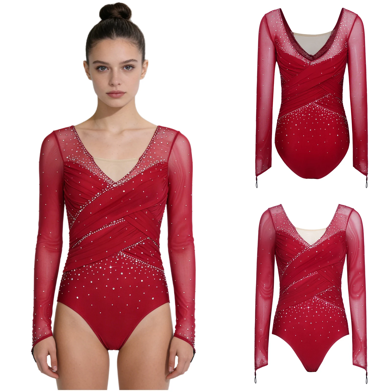 

Women Shiny Rhinestone Figure Skating Leotard Sheer Mesh Long Sleeve Gymnastics Acrobatics Ballet Dance Yoga Bodysuit Dancewear