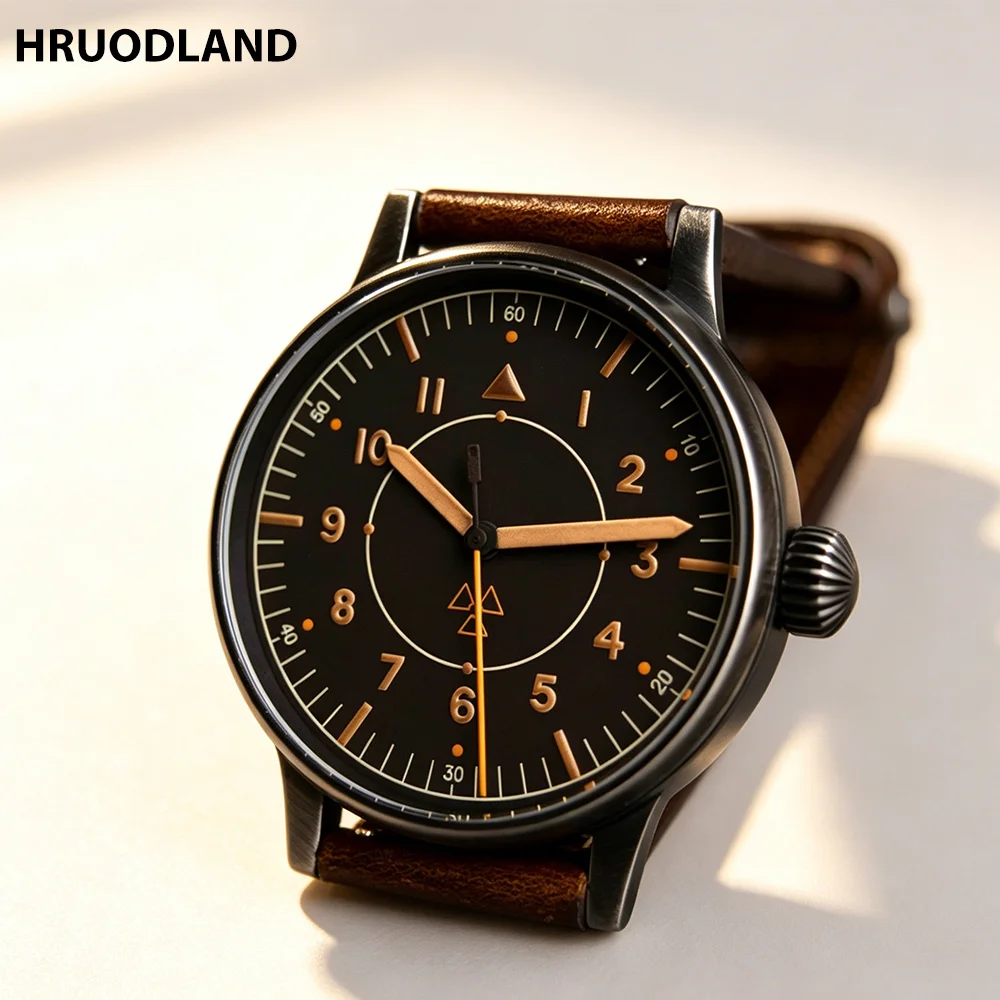 

New Hruodland F013 Automatic Mechanical Retro Men Pilot Watch Old Treatment PT5000 10ATM Stainless Steel Wristwatch Reloj Hombre
