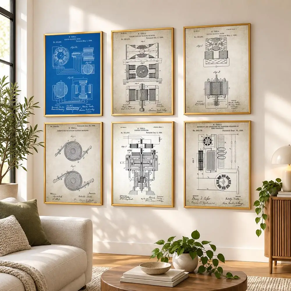 Nikola Tesla Motor Patent Blueprint Poster HD art sticky wall waterproof home living room bedroom bar aesthetic decoration