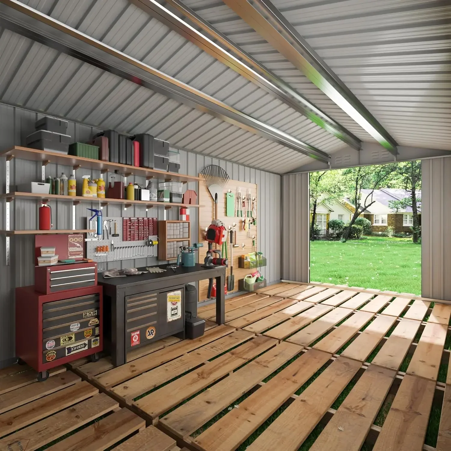 10x14 FT Outdoor Storage Shed, Garden Shed with Updated Frame Structure and Lockable Doors, Metal Tool Sheds