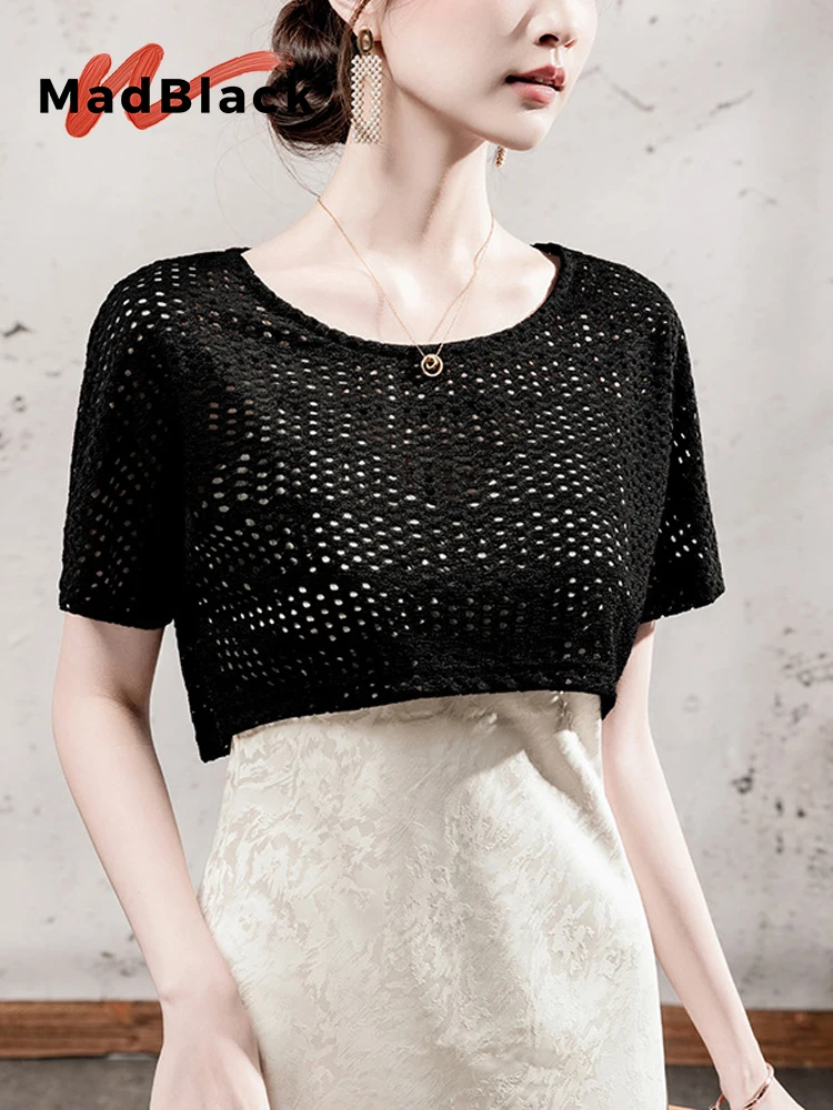 

MadBlack-Women European T-Shirt, Sexy O Neck Hollow Out, Streetwear Short Sleeve Loose Short Smock Tee, 2025 Summer New T56401CC
