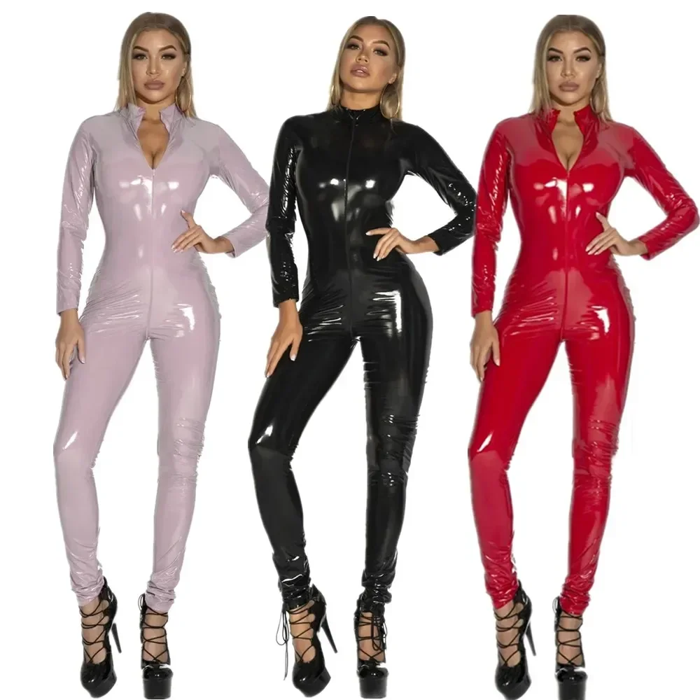 Plus Size Women Black Red Pink Sexy Shiny Patent Leather PU Zipper Open Crotch Jumpsuit Nightclub Wet Look Bodysuit Clubwear