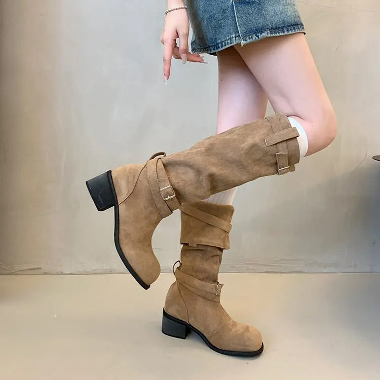 Vintage stacked boots western cowboy boots summer new high boot spring autumn Elegant minimalist Round Head long boots